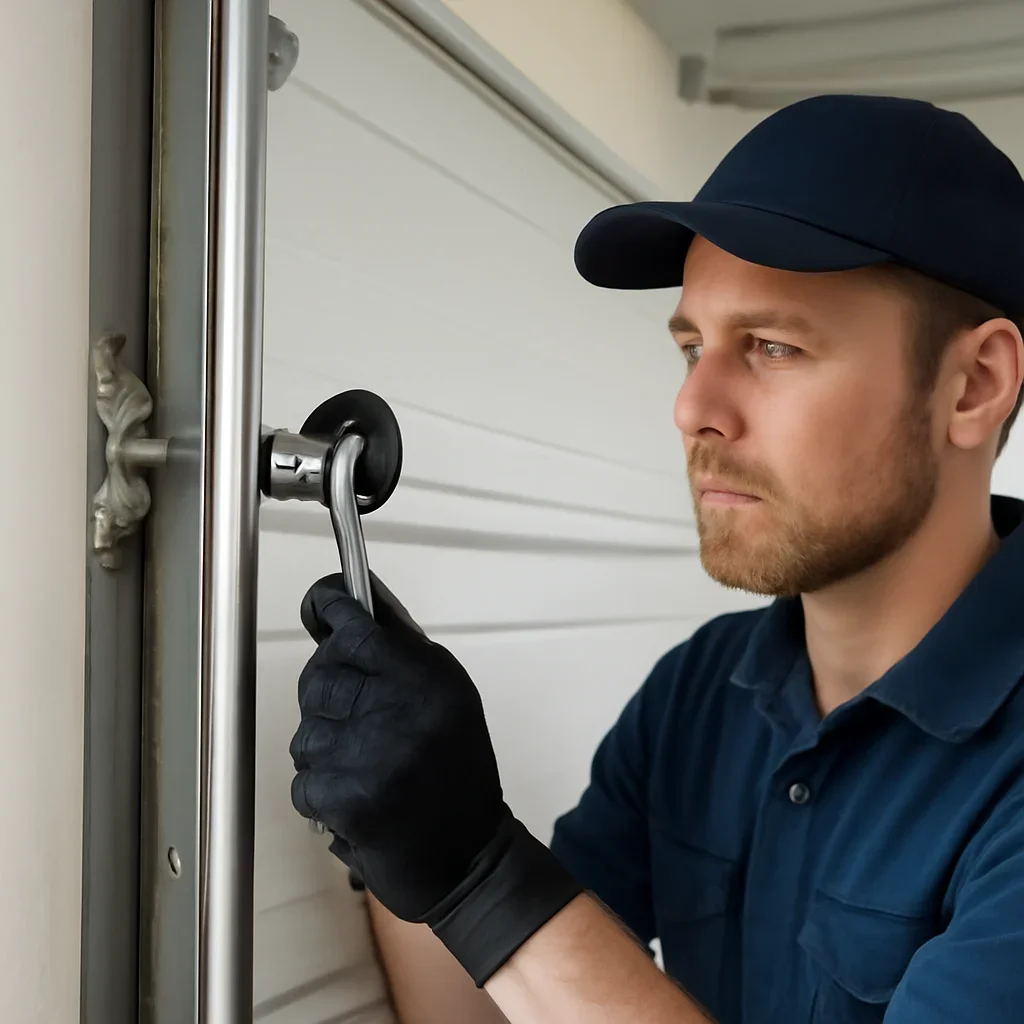 Technician inspecting garage door rollers, hinges, tracks, and balance