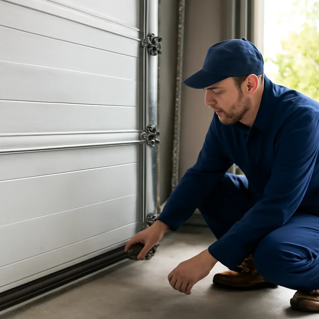 Technician inspecting a garage door bottom seal and perimeter weatherstripping