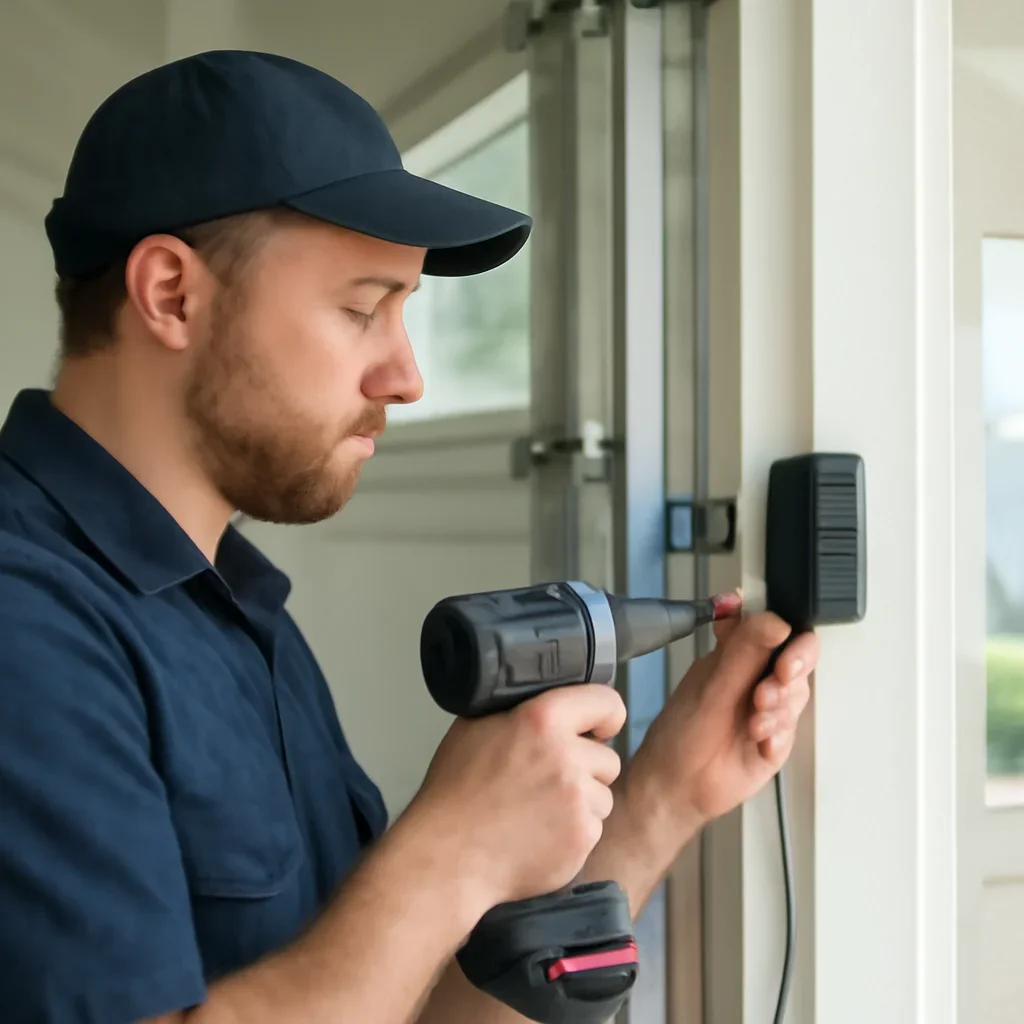 Technician testing garage door sensors and opener operation