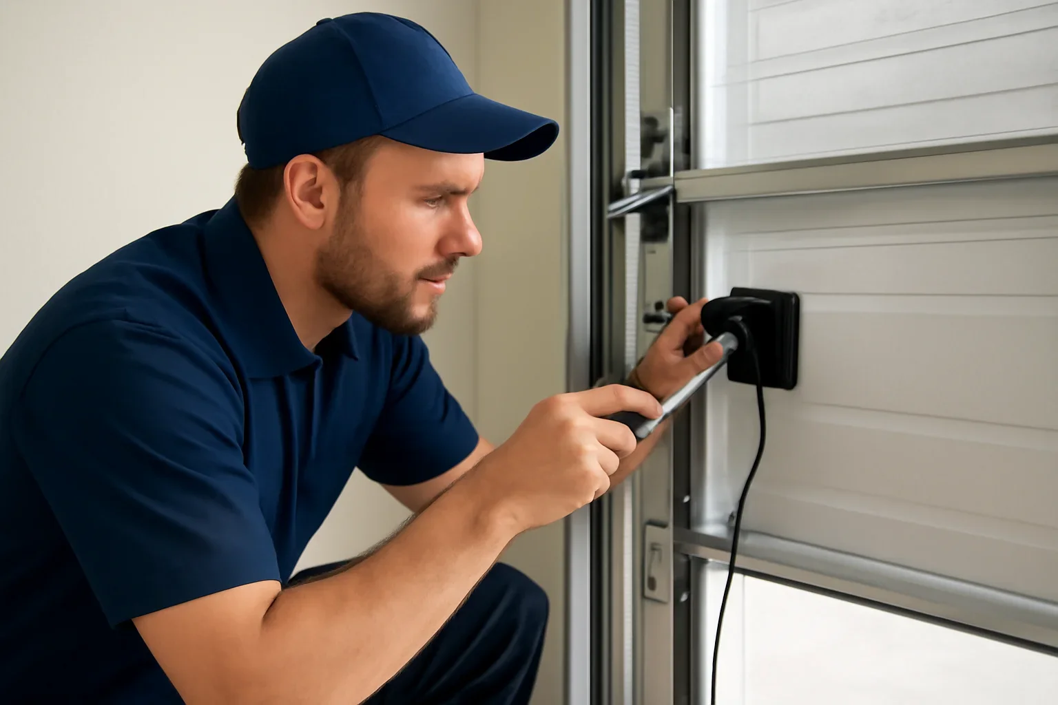 Technician inspecting garage door safety sensors at a North Vancouver property