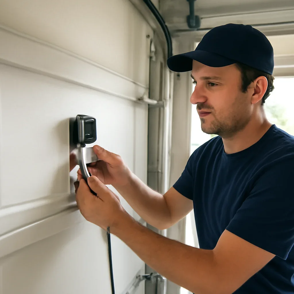 Technician inspecting garage door safety sensors and opener controls
