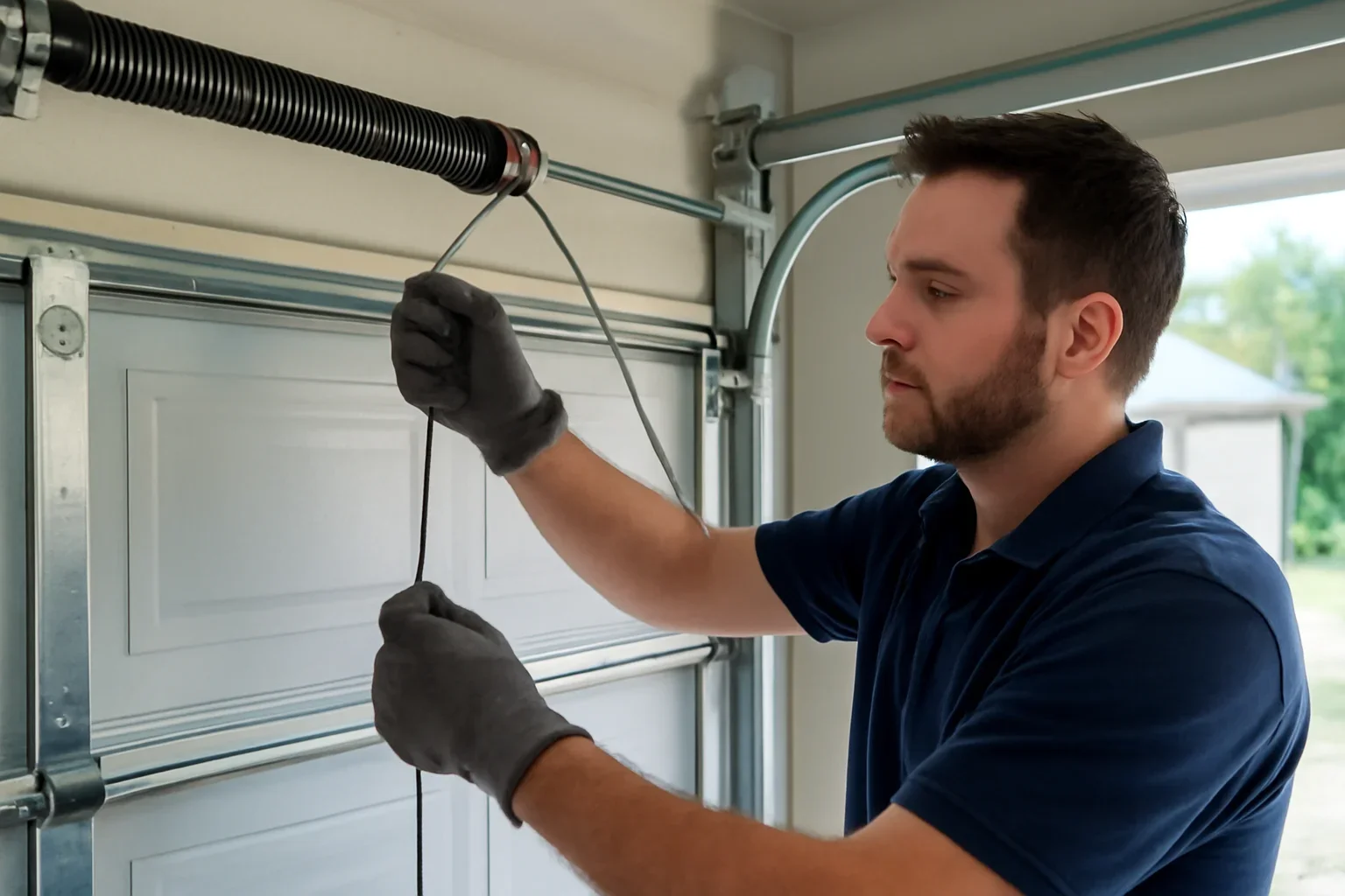 Garage door professional assessing a spring and cable problem with a North Vancouver homeowner