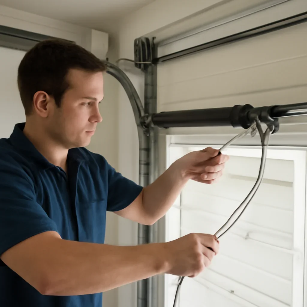 Technician inspecting garage door springs, cables, drums, tracks, and door balance