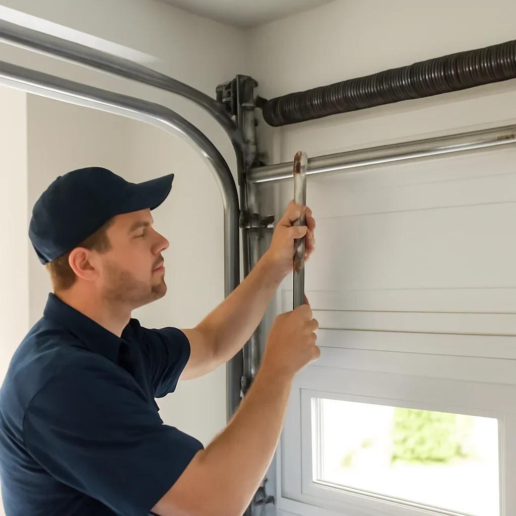 Technician inspecting a garage door lifting system during spring repair in Upper Capilano