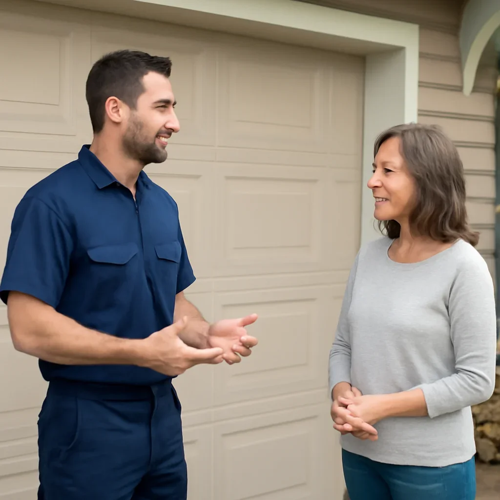 Garage door technician discussing threshold and bottom seal options with a North Vancouver homeowner