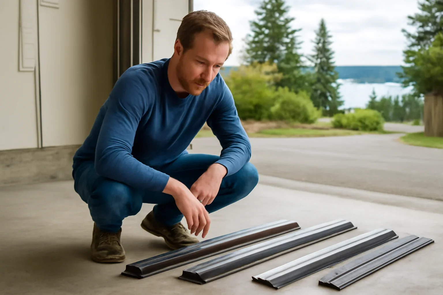 Homeowner reviewing threshold and bottom seal options at a residential garage