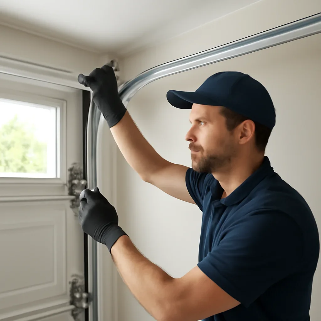 Technician inspecting garage door tracks, rollers, brackets, and alignment