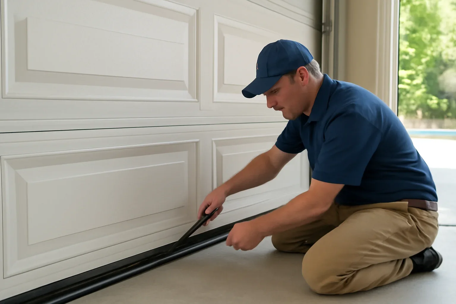 Garage door bottom weather seal being inspected at a North Vancouver property