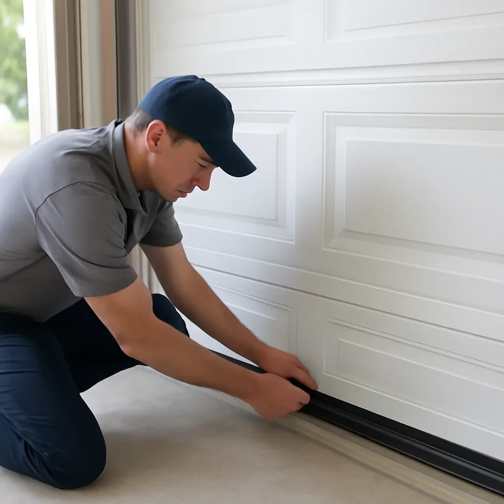 Technician measuring and replacing a garage door weather seal