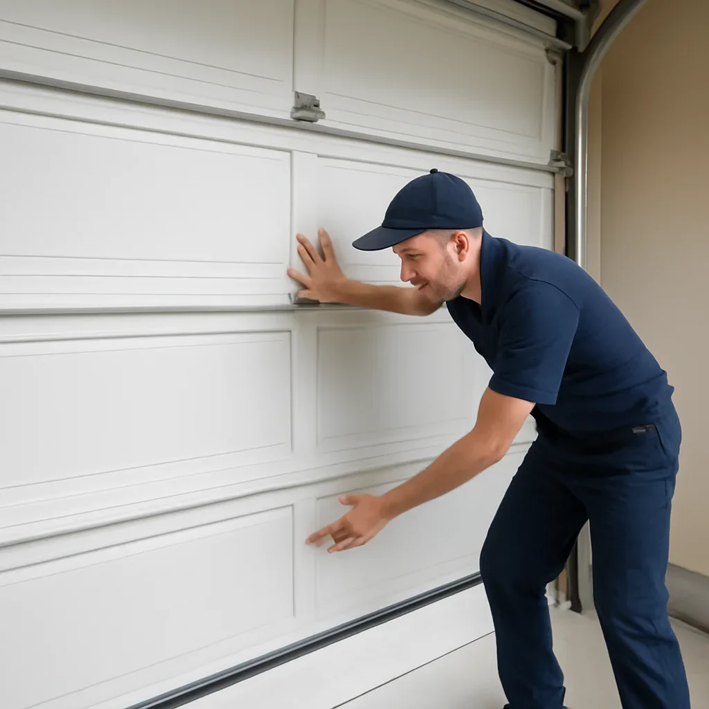 Technician inspecting garage door sensors opener tracks and closing movement