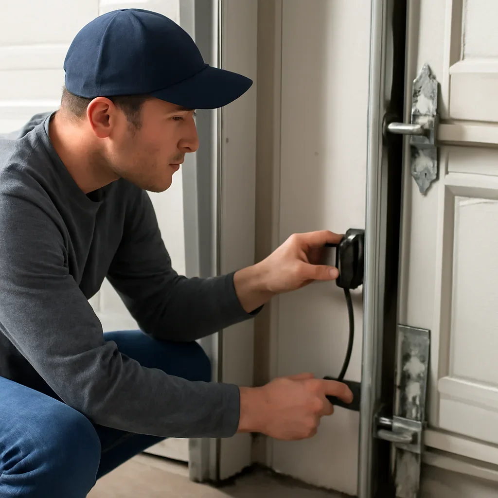 Close inspection of garage door components related to garage door sensor alignment