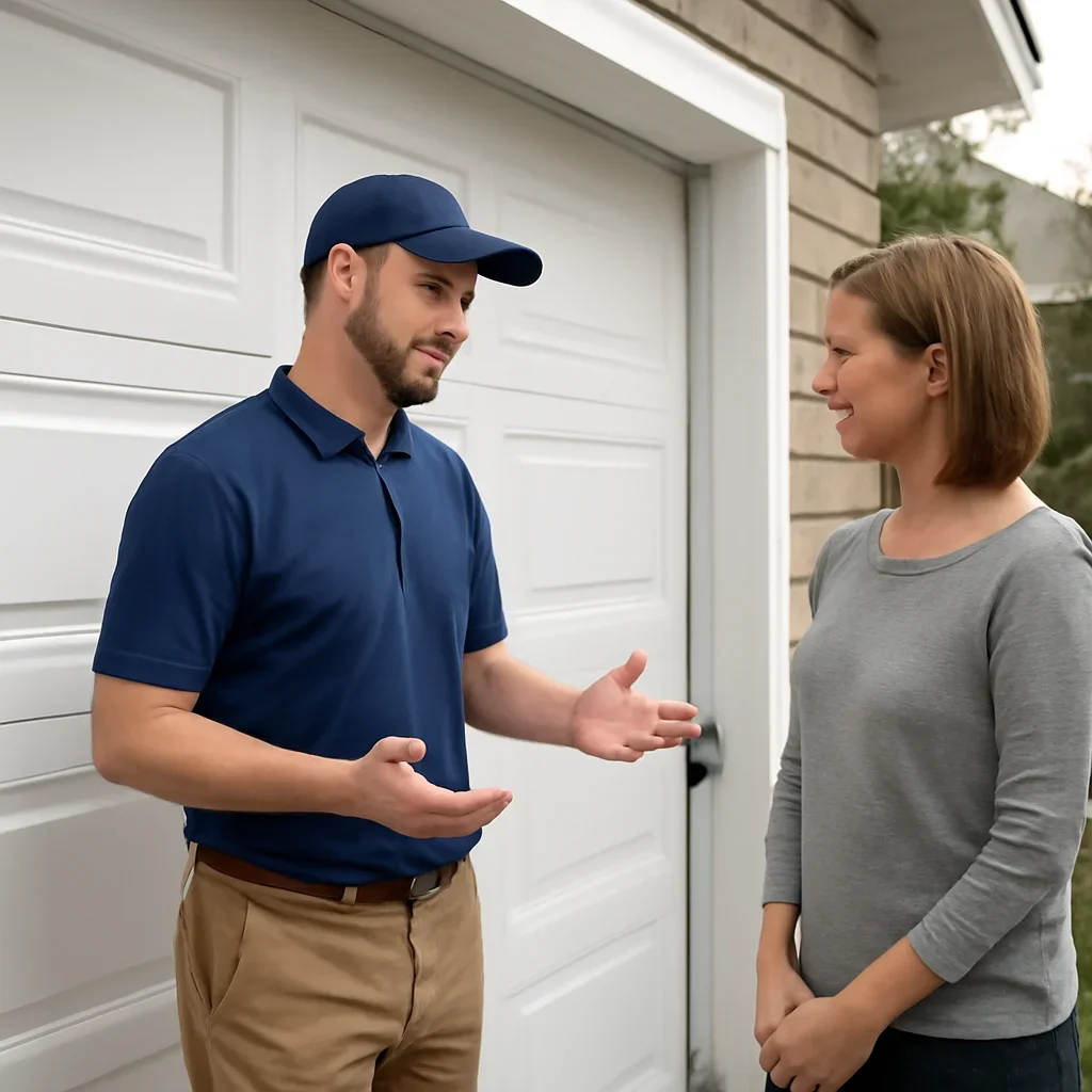 Garage door technician discussing garage door sensor alignment with a North Vancouver homeowner