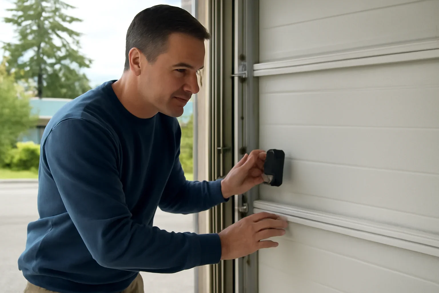 Homeowner reviewing garage door sensor alignment at a residential garage