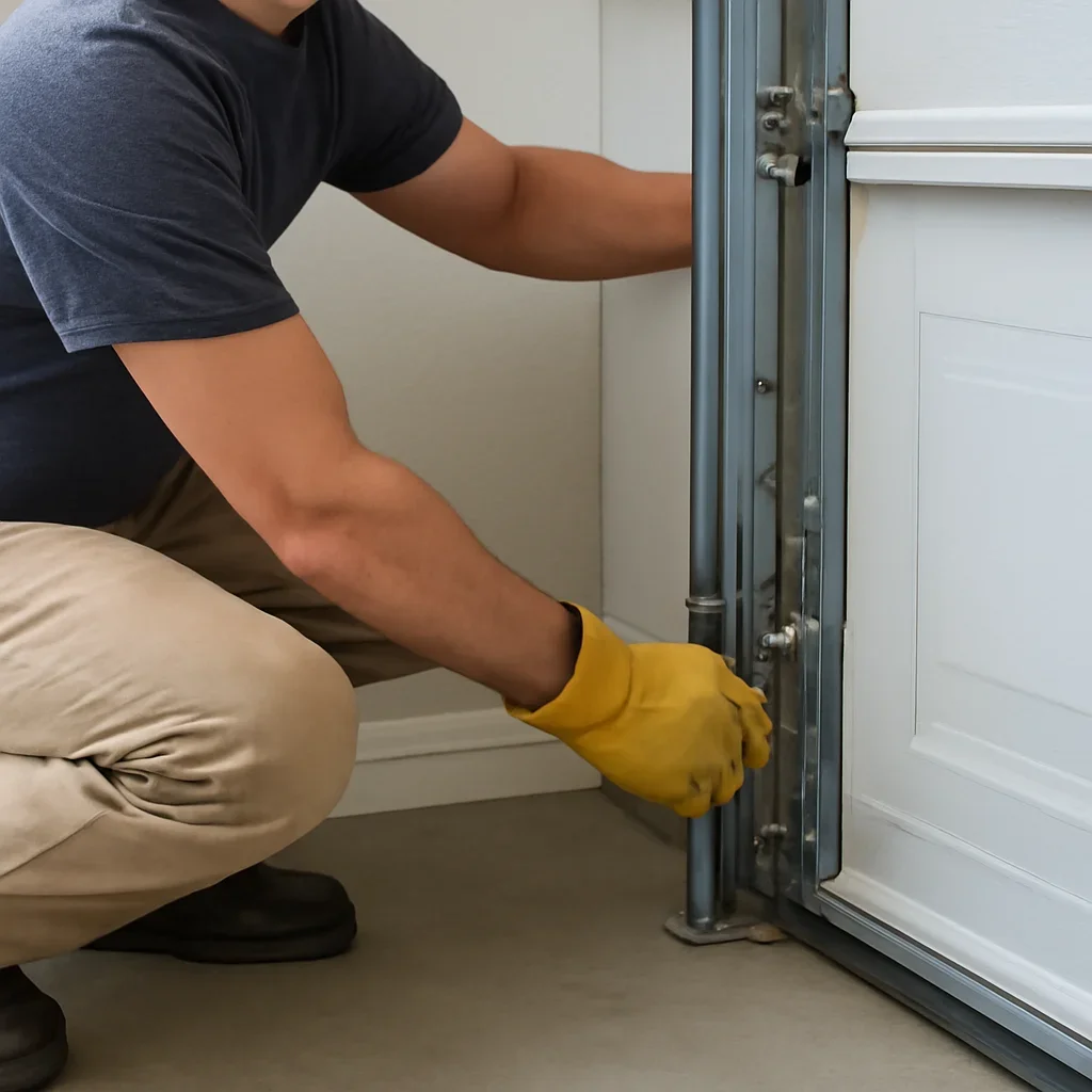 Close inspection of garage door components related to safe garage door exterior cleaning