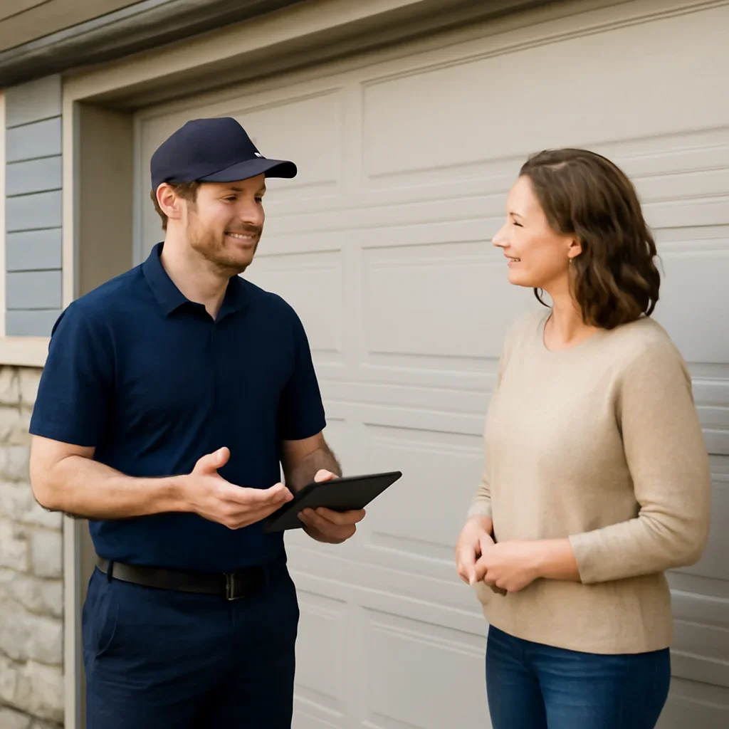 Garage door technician discussing safe garage door exterior cleaning with a North Vancouver homeowner