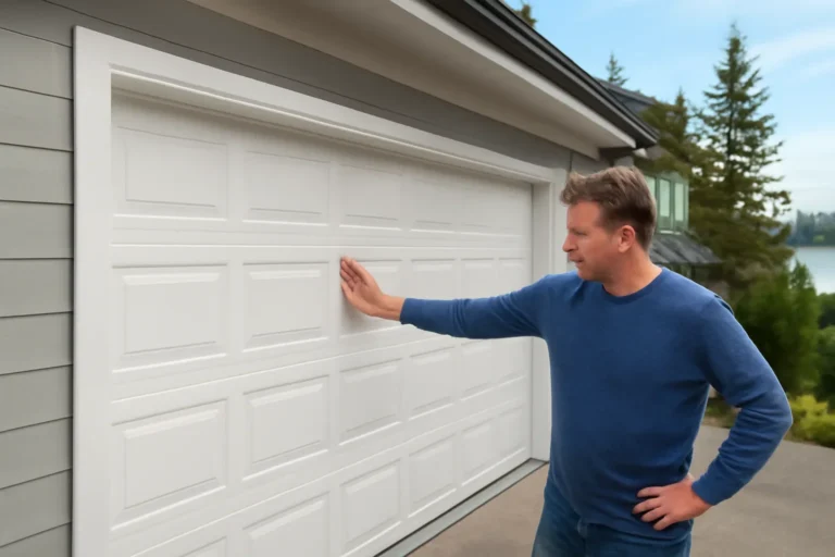 Homeowner reviewing safe garage door exterior cleaning at a residential garage