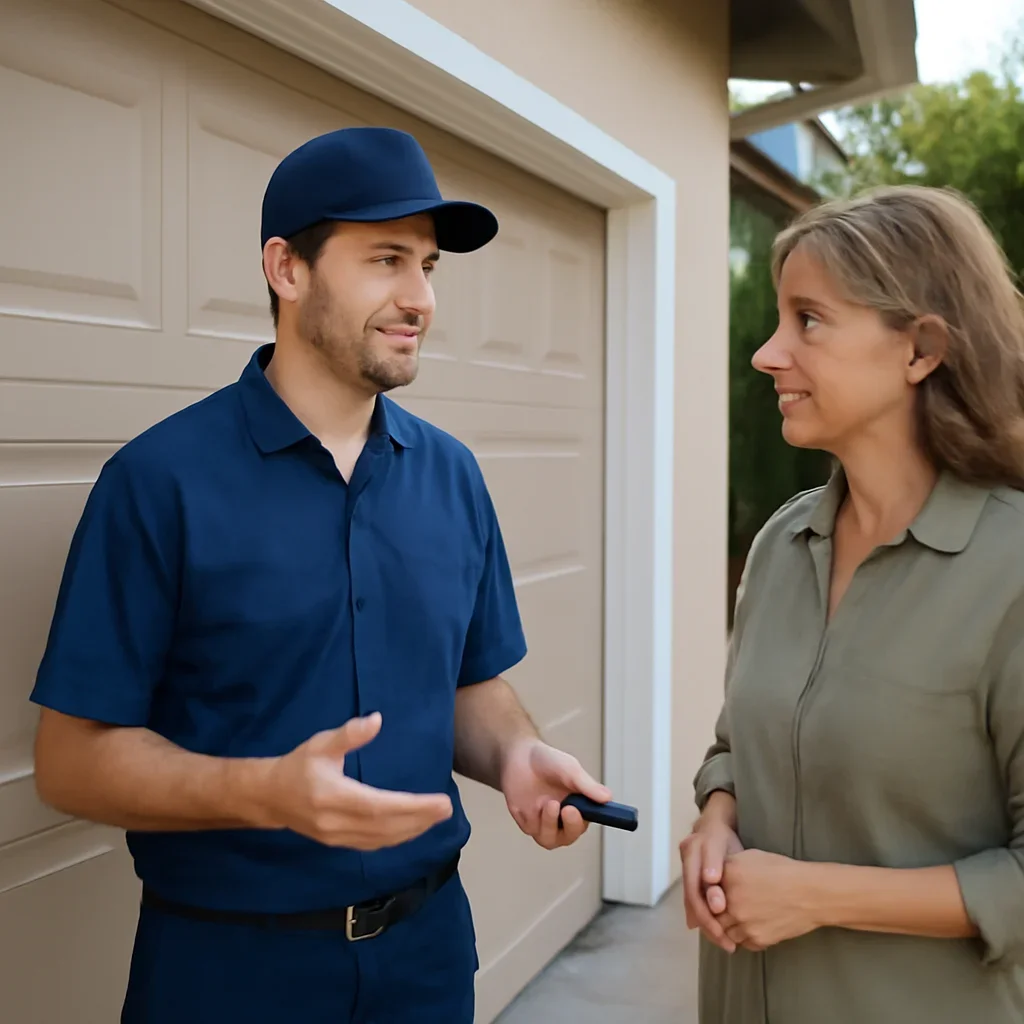 Garage door technician discussing garage door sensor cleaning with a North Vancouver homeowner