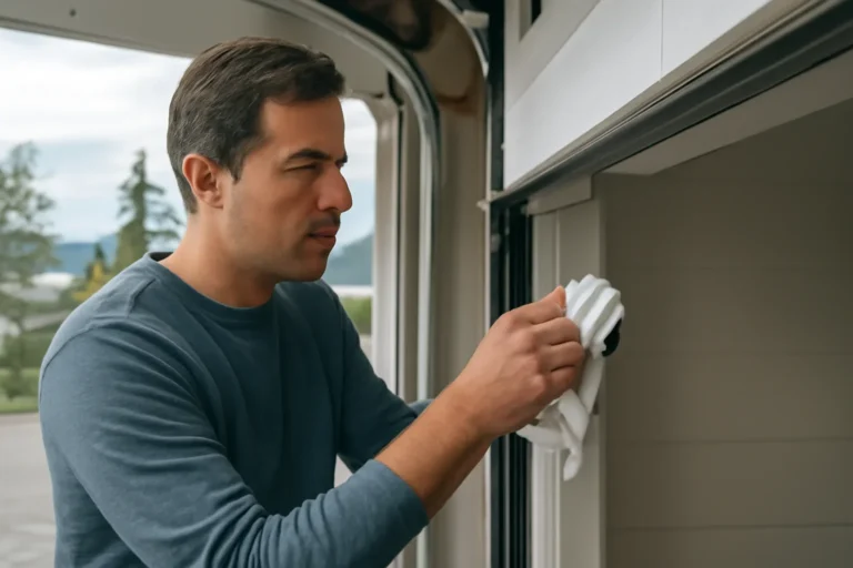 Homeowner reviewing garage door sensor cleaning at a residential garage