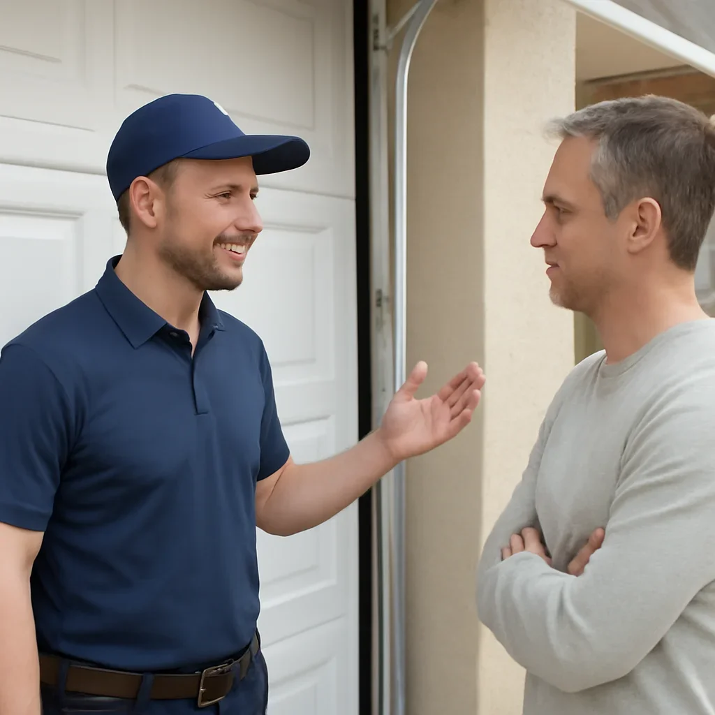 Garage door technician discussing clean garage door tracks with a North Vancouver homeowner