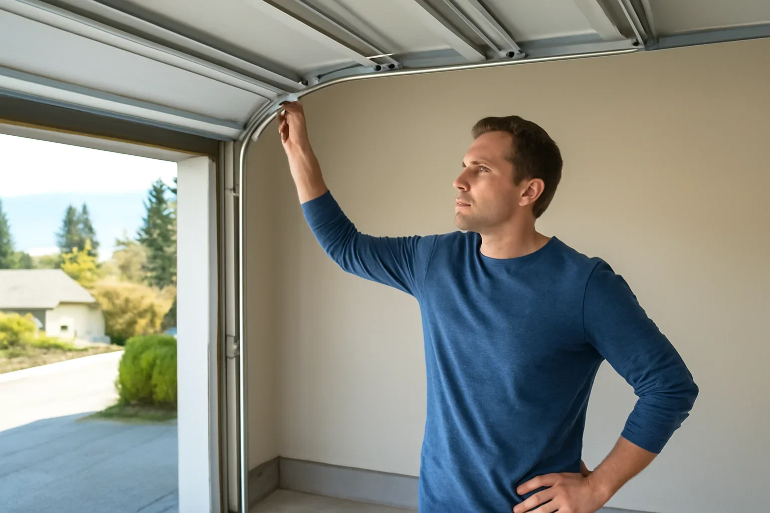 Homeowner reviewing clean garage door tracks at a residential garage