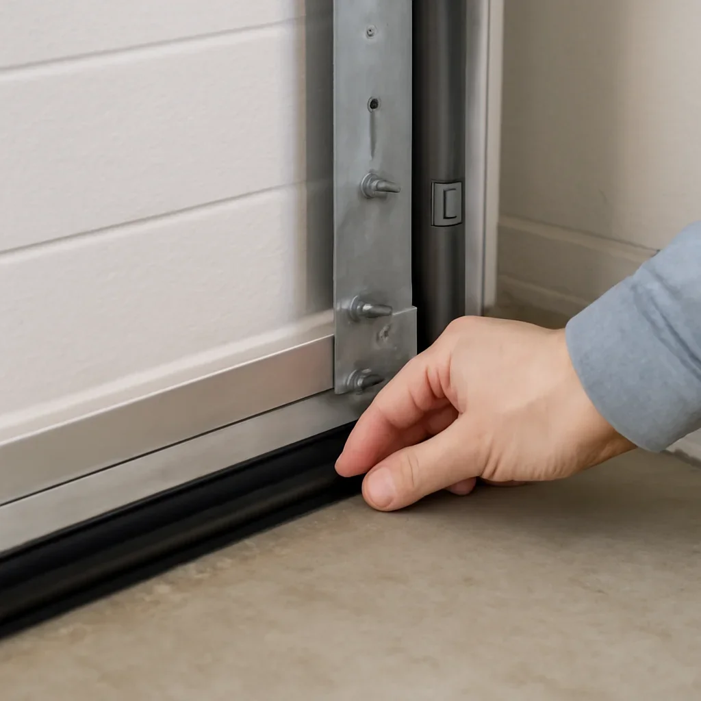 Close inspection of garage door components related to pest gaps around a garage door
