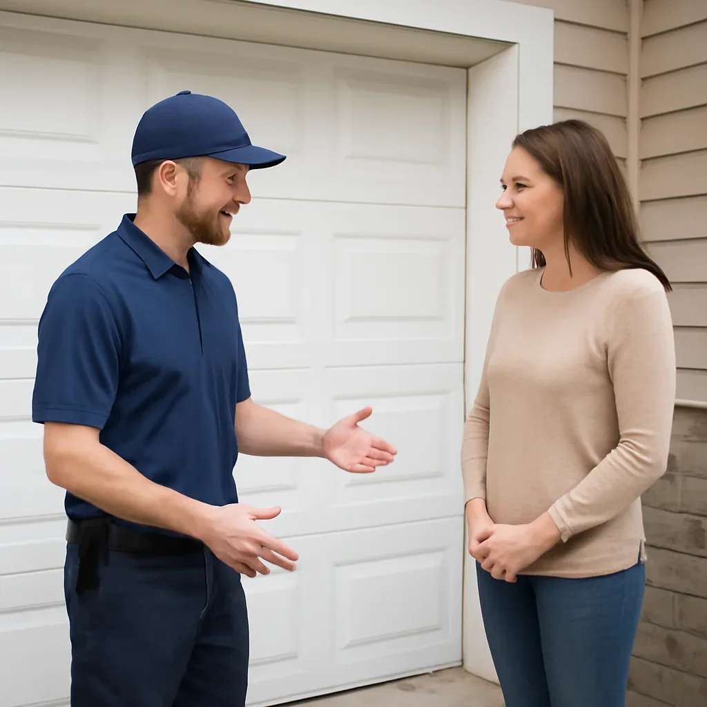 Garage door technician discussing pest gaps around a garage door with a North Vancouver homeowner