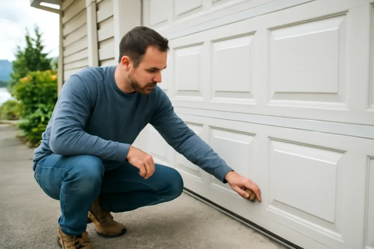 Homeowner reviewing pest gaps around a garage door at a residential garage