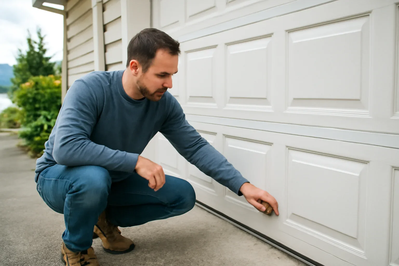 Homeowner reviewing pest gaps around a garage door at a residential garage