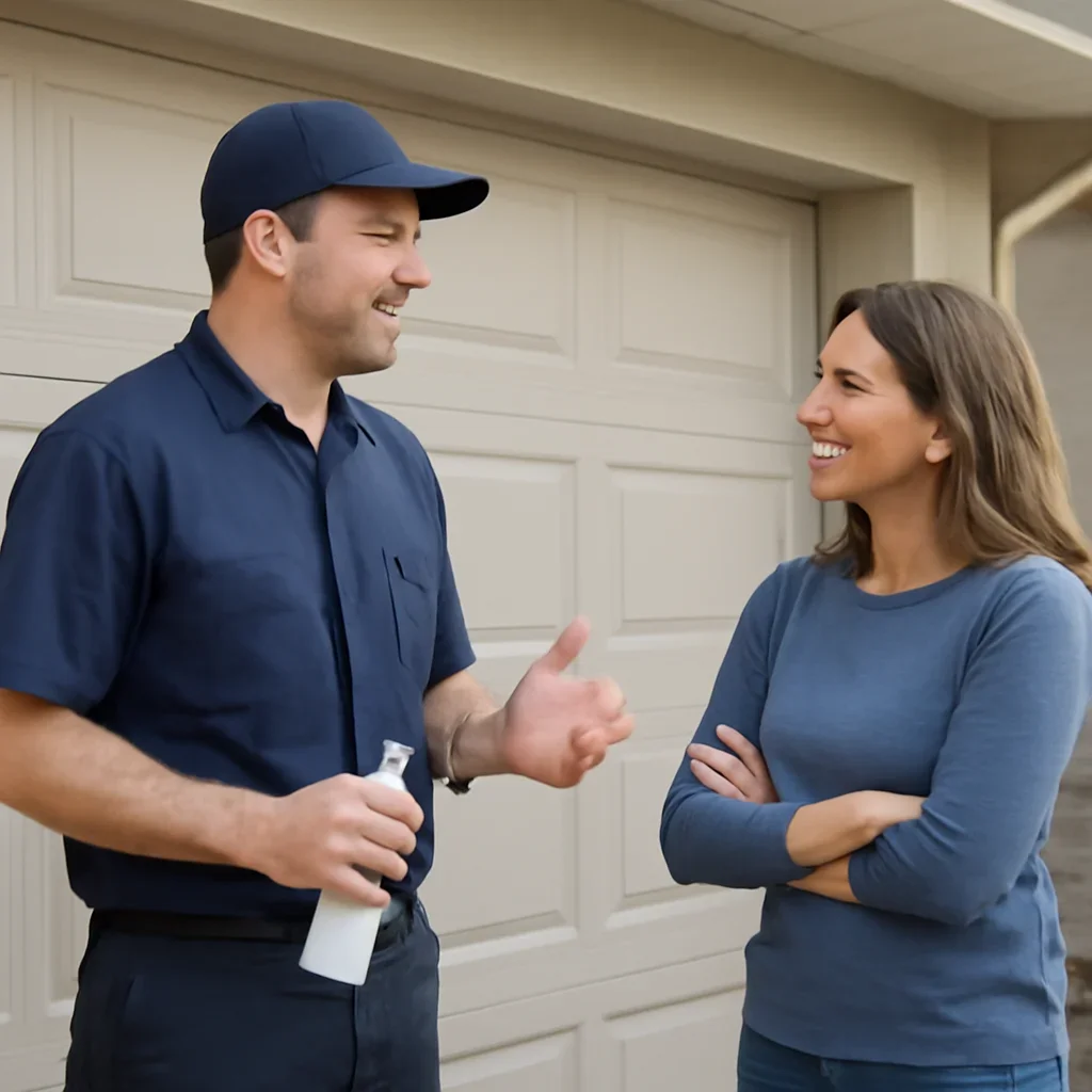 Garage door technician discussing proper garage door lubrication with a North Vancouver homeowner