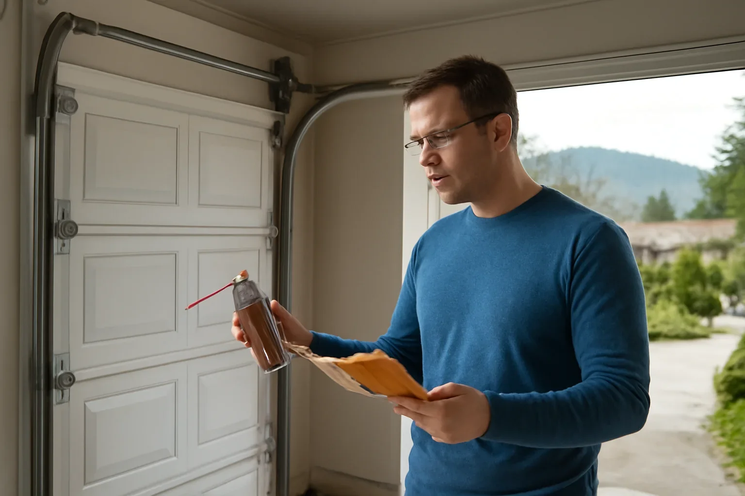 Homeowner reviewing proper garage door lubrication at a residential garage