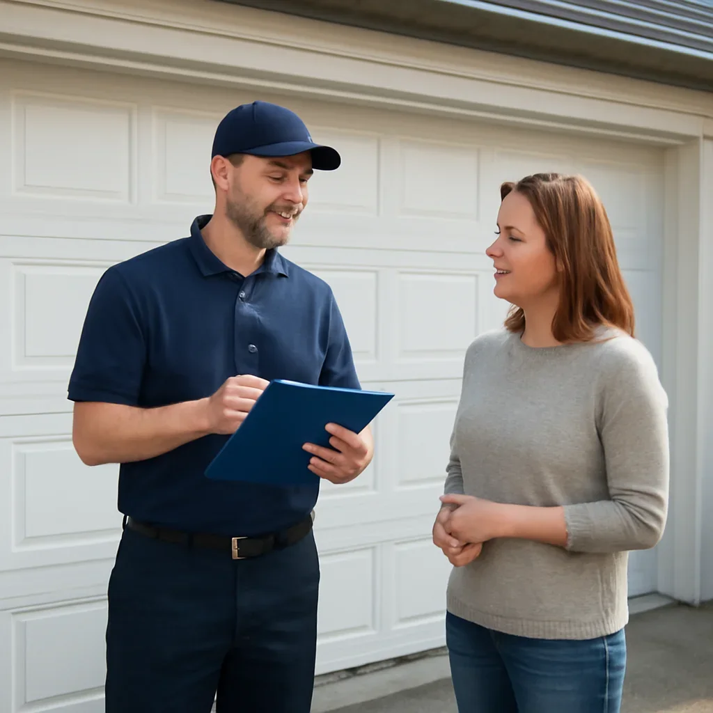 Garage door technician discussing replacement garage door measurements with a North Vancouver homeowner