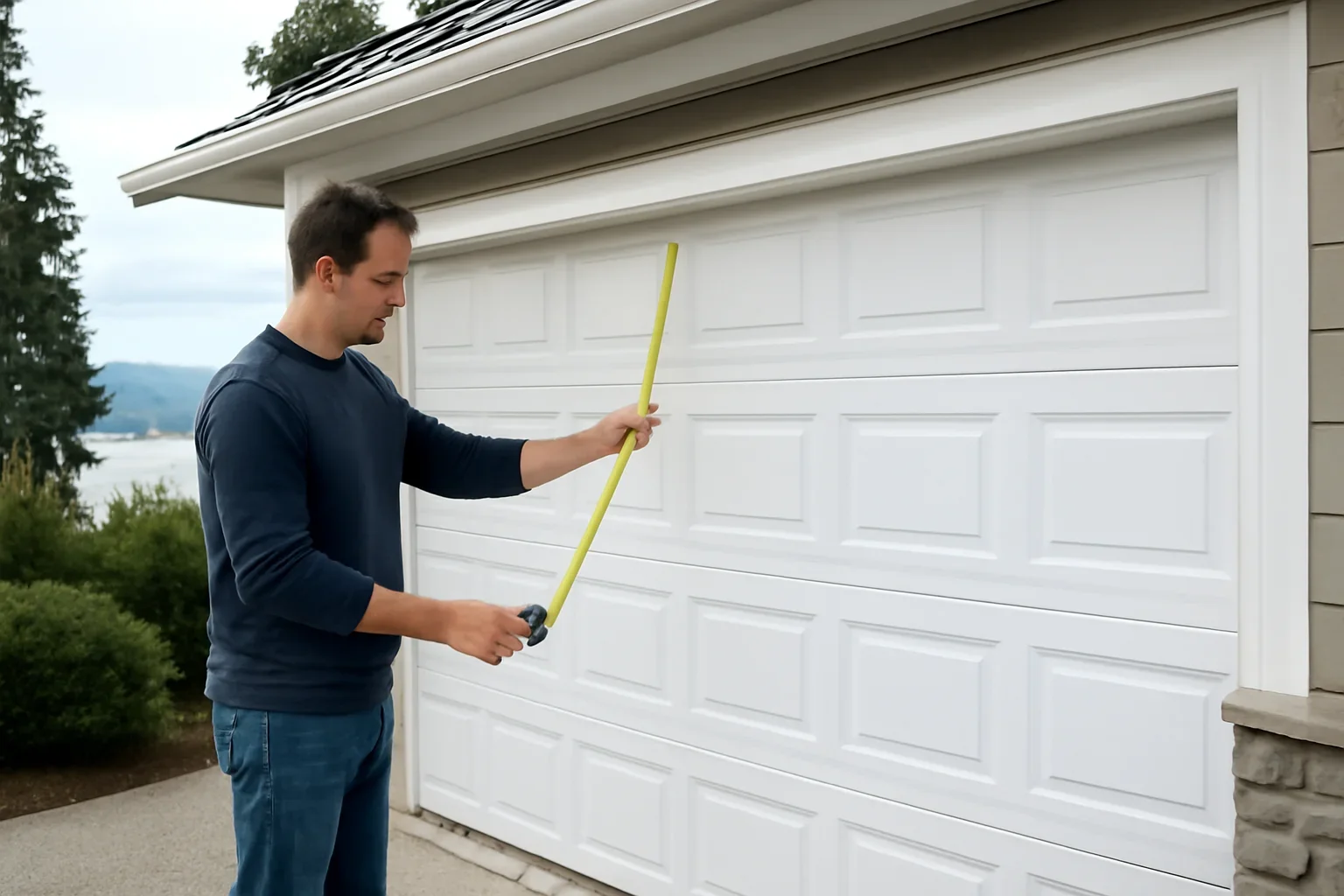 Homeowner reviewing replacement garage door measurements at a residential garage