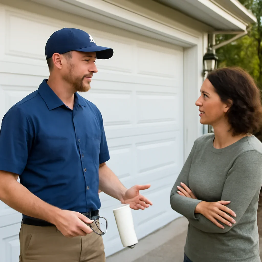 Garage door technician discussing painting a metal garage door with a North Vancouver homeowner