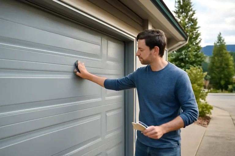 Homeowner reviewing painting a metal garage door at a residential garage