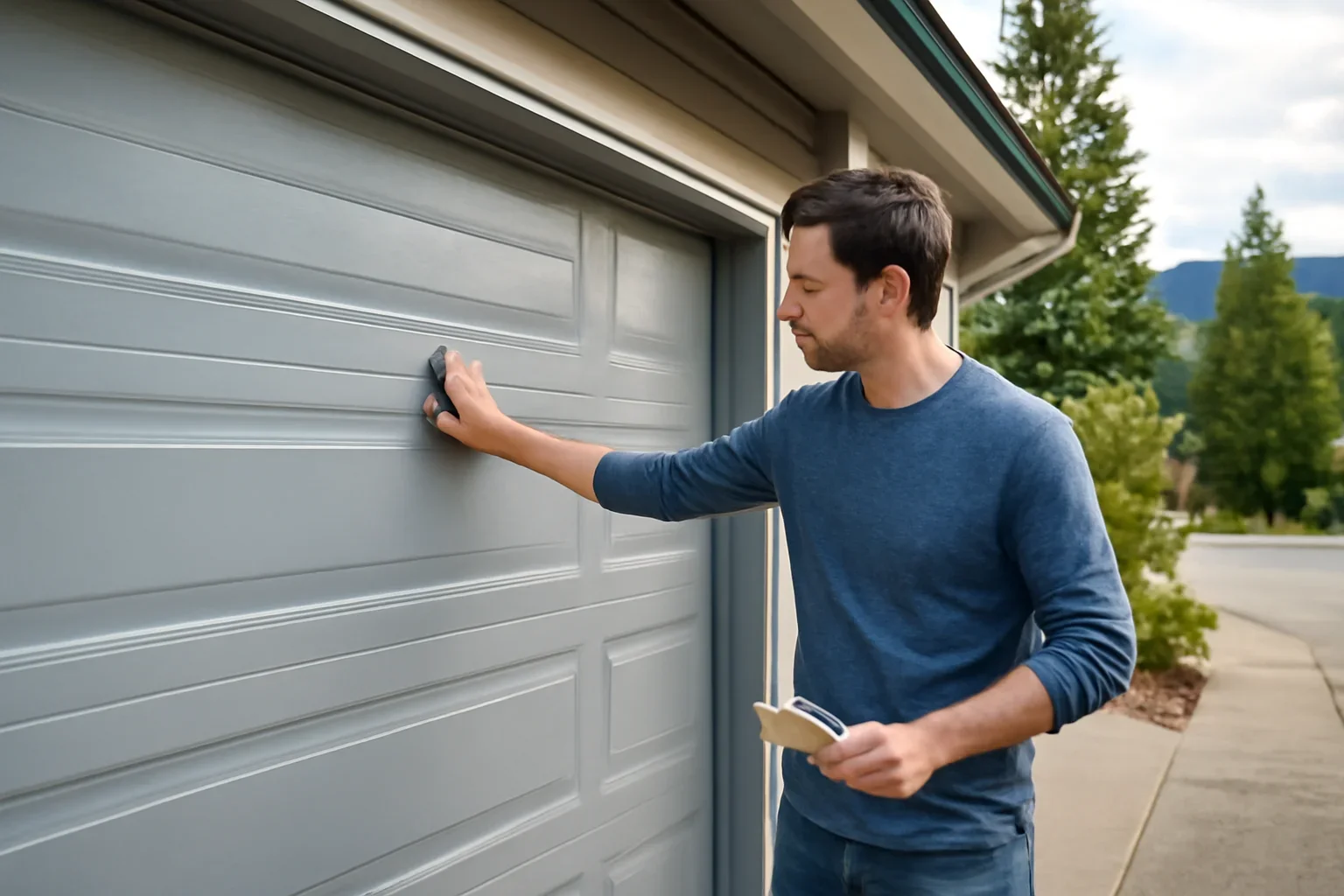 Homeowner reviewing painting a metal garage door at a residential garage