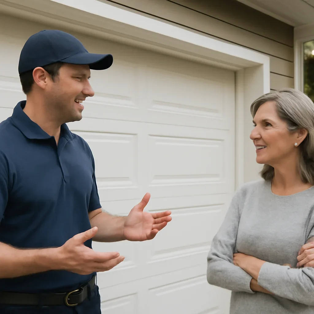 Garage door technician discussing coastal garage door rust prevention with a North Vancouver homeowner
