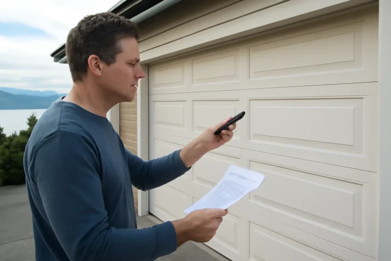 Homeowner reviewing coastal garage door rust prevention at a residential garage