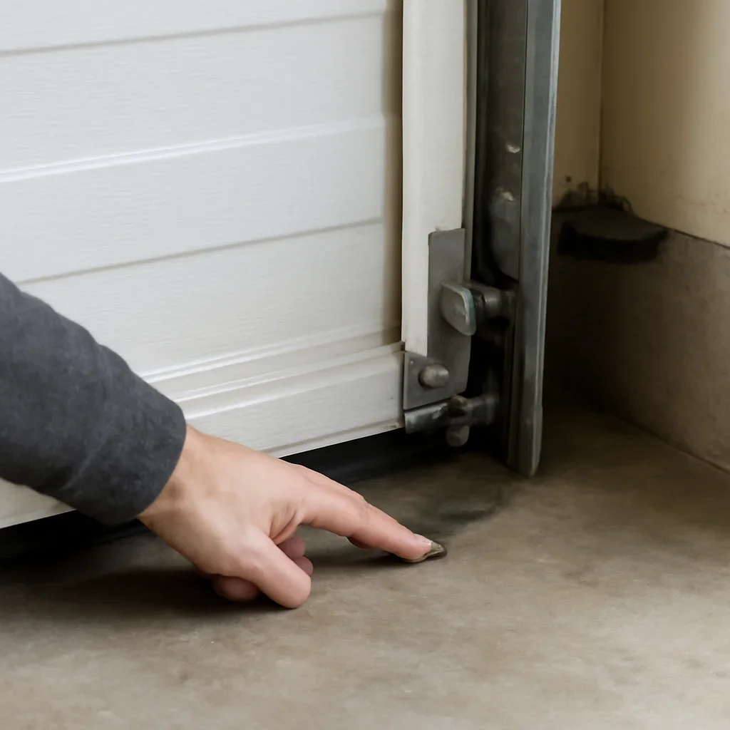 Close inspection of garage door components related to water entering under a garage door