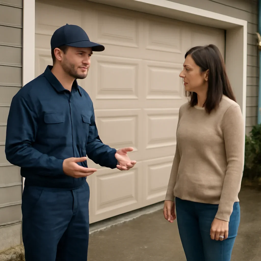 Garage door technician discussing water entering under a garage door with a North Vancouver homeowner