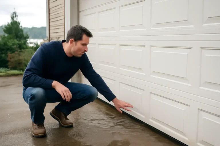 Homeowner reviewing water entering under a garage door at a residential garage