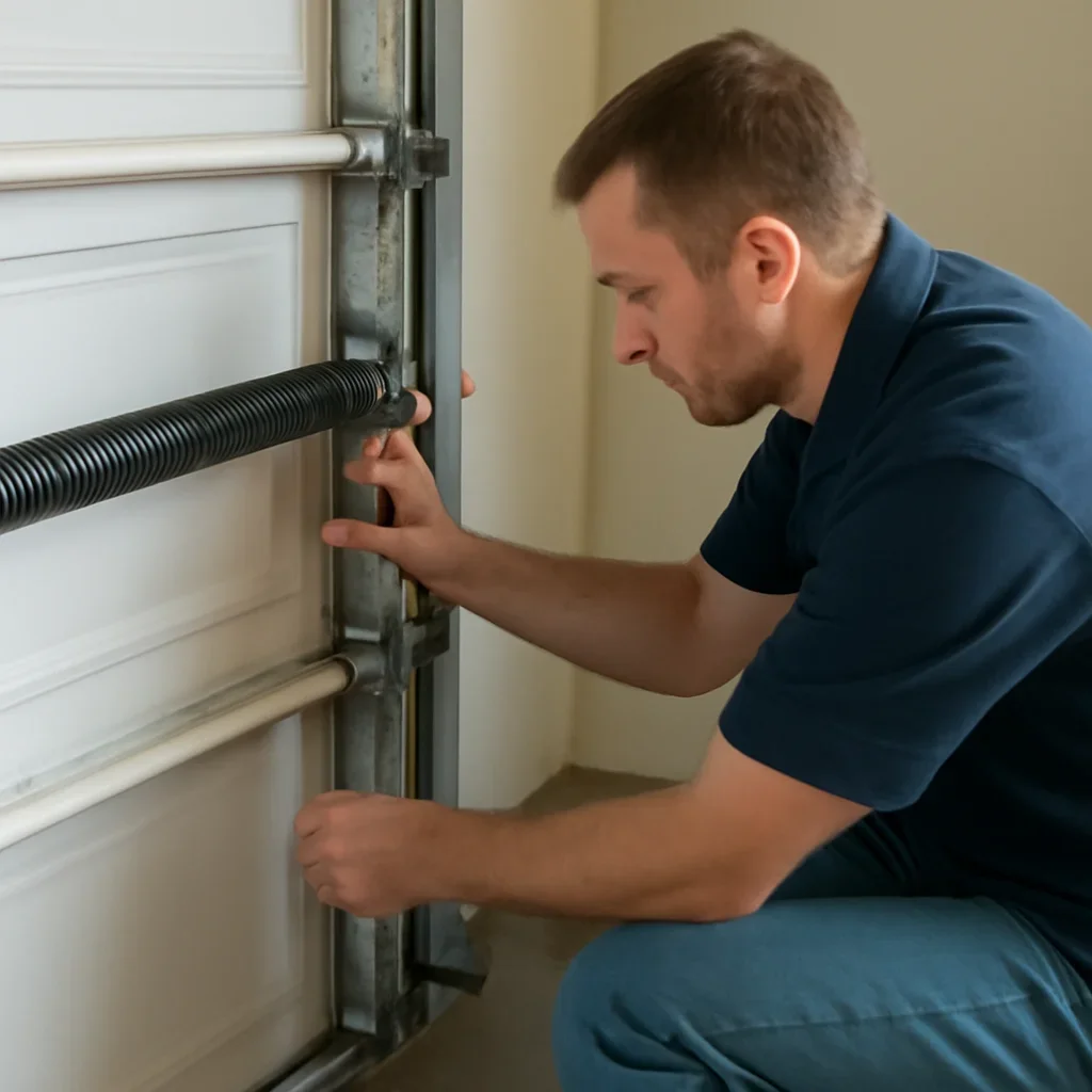 Close inspection of garage door components related to safe garage door balance testing