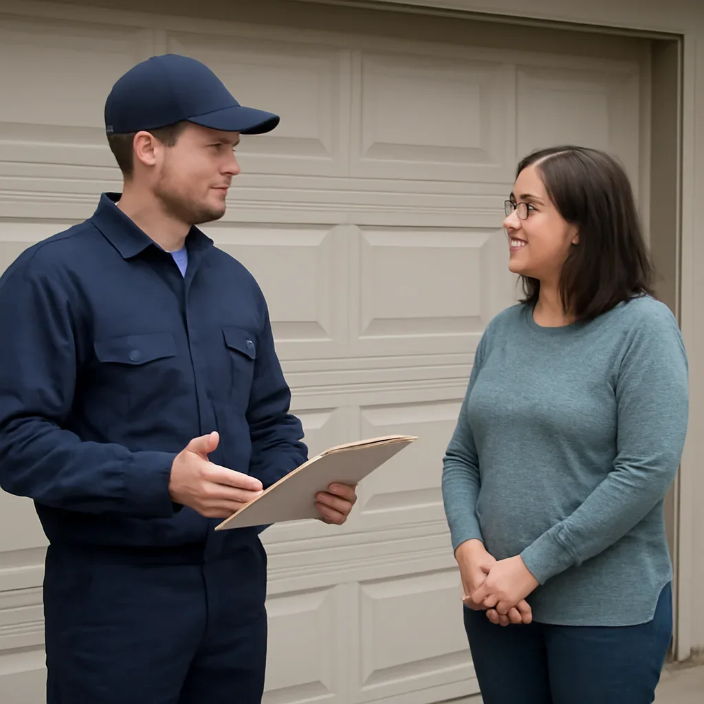 Garage door technician discussing safe garage door balance testing with a North Vancouver homeowner