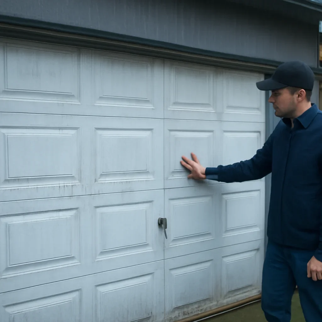 Technician inspecting and adjusting components during how rain, moisture, and cold affect garage door performance