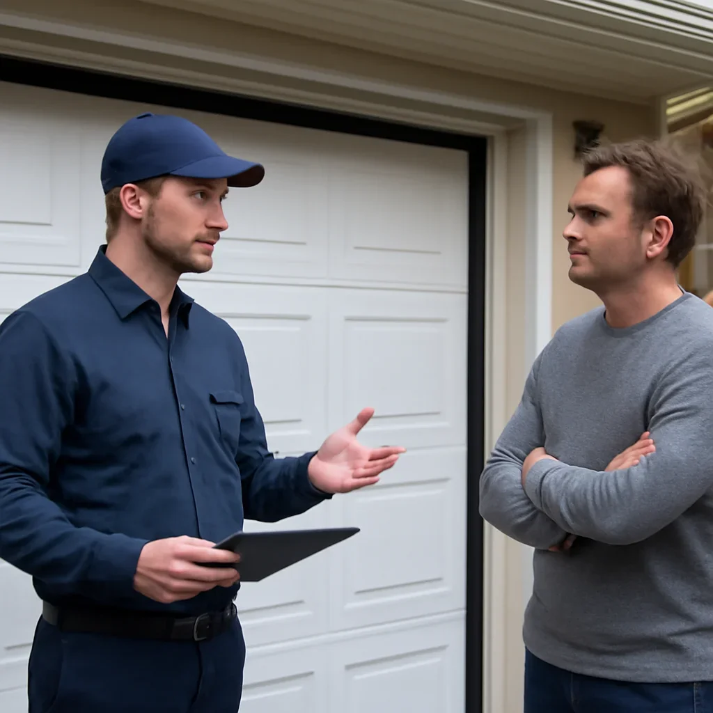Garage door technician discussing low-headroom garage door planning with a North Vancouver homeowner