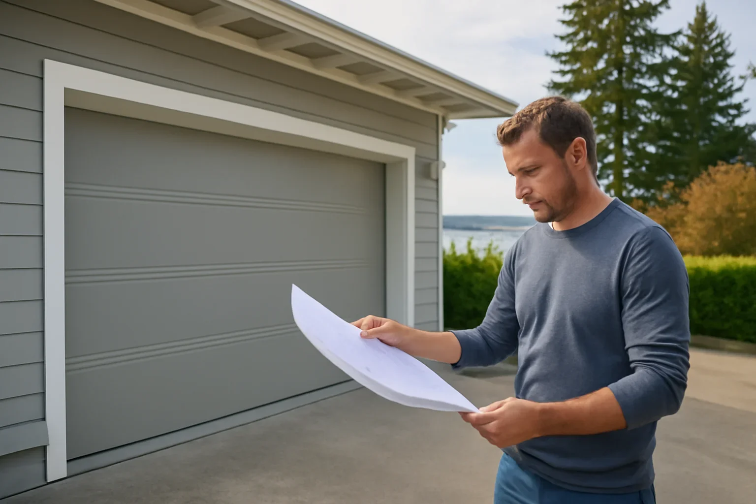 Homeowner reviewing low-headroom garage door planning at a residential garage