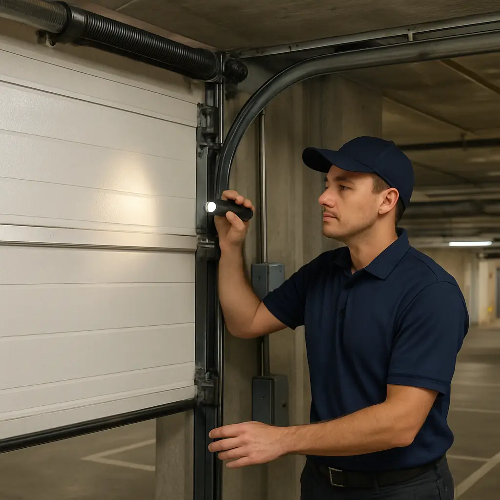 Technician inspecting garage door hardware in Lower or Central Lonsdale