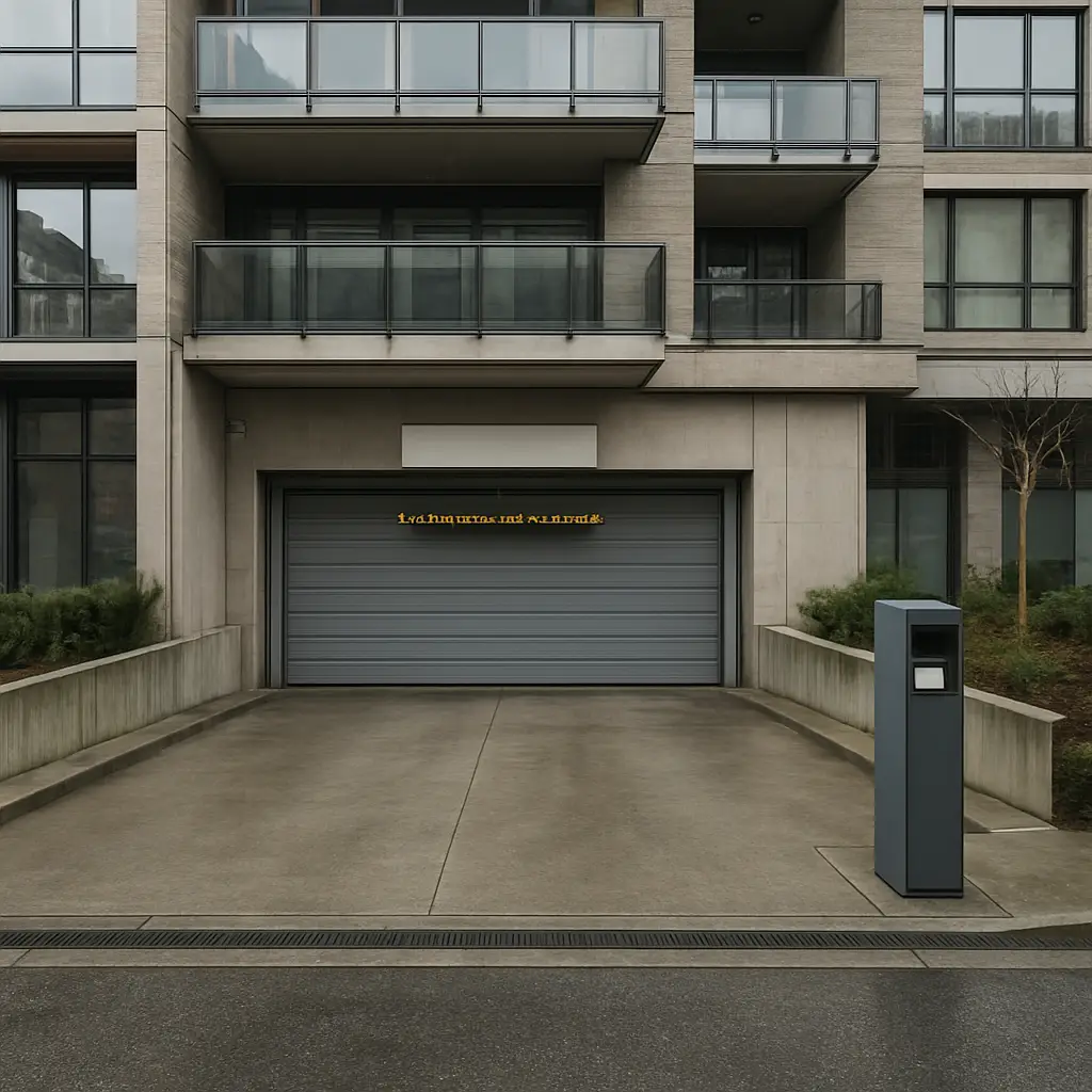 Shared strata parkade garage door in Lower Lonsdale