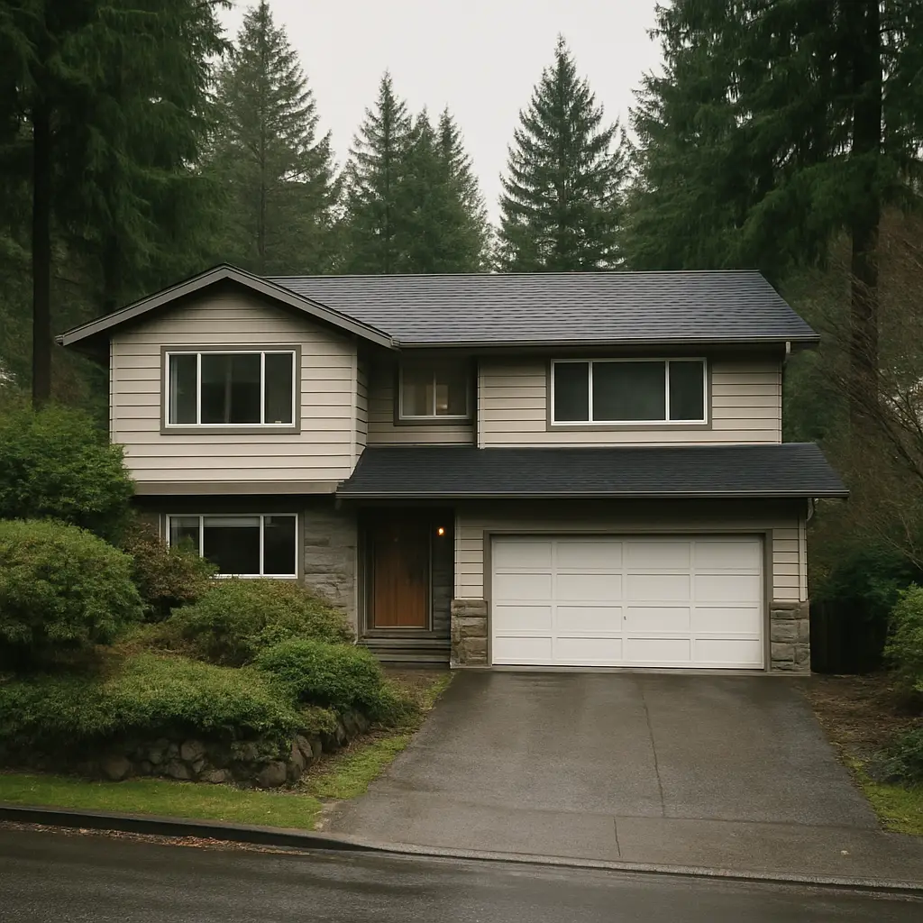 Attached garage door on a detached Lynn Valley home