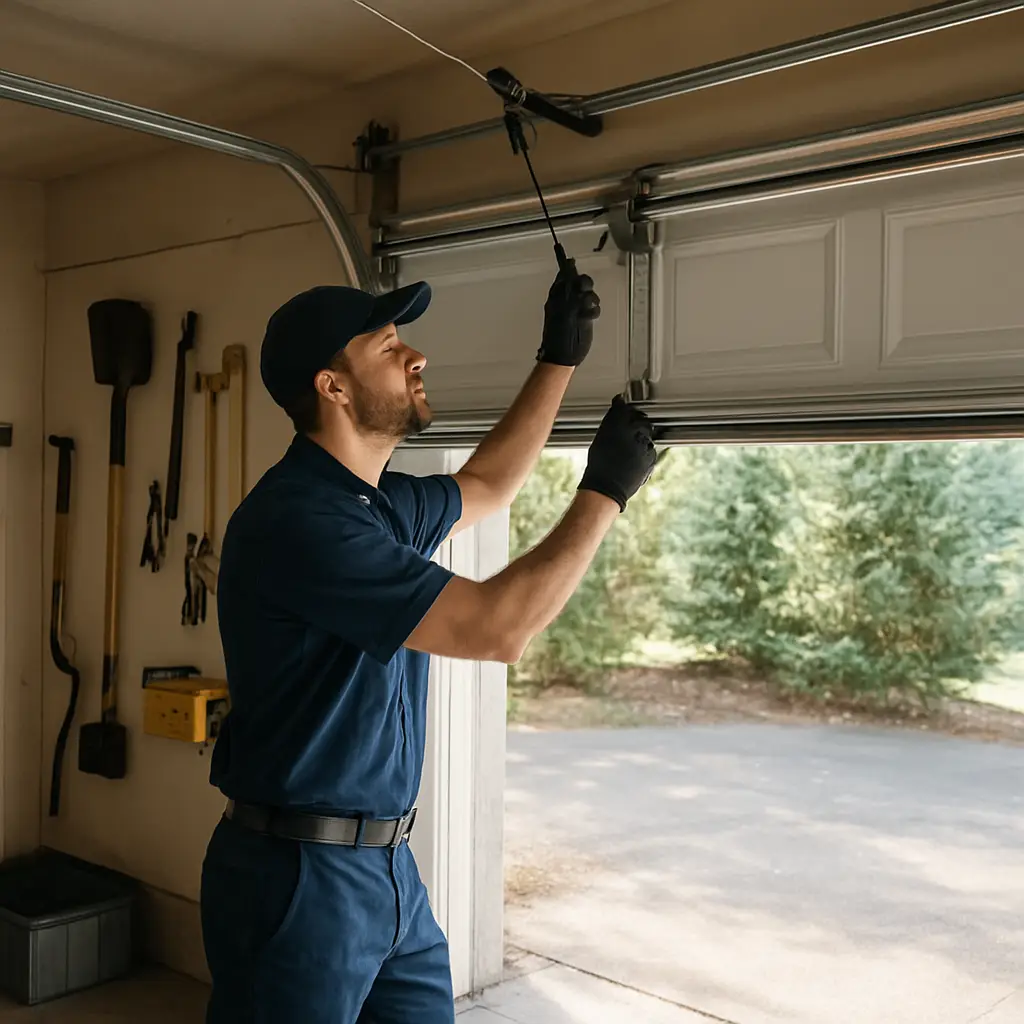 Technician inspecting garage door hardware at a Lynn Valley property