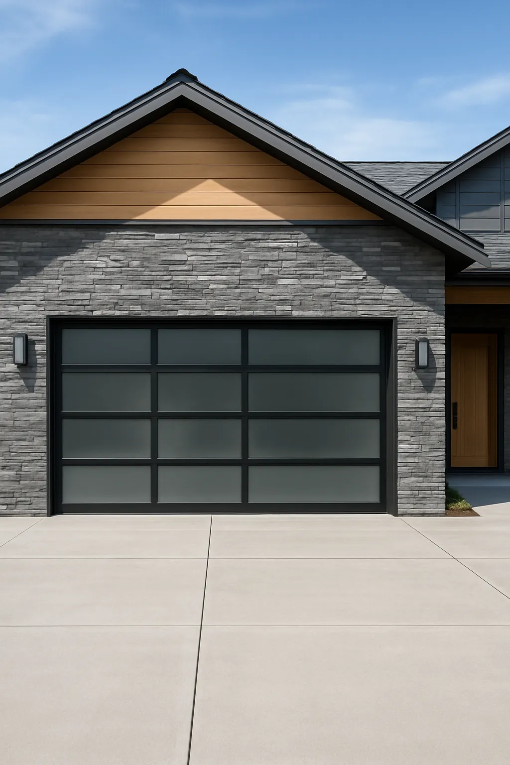 Modern garage door with glass panels and black frame on a North Shore home